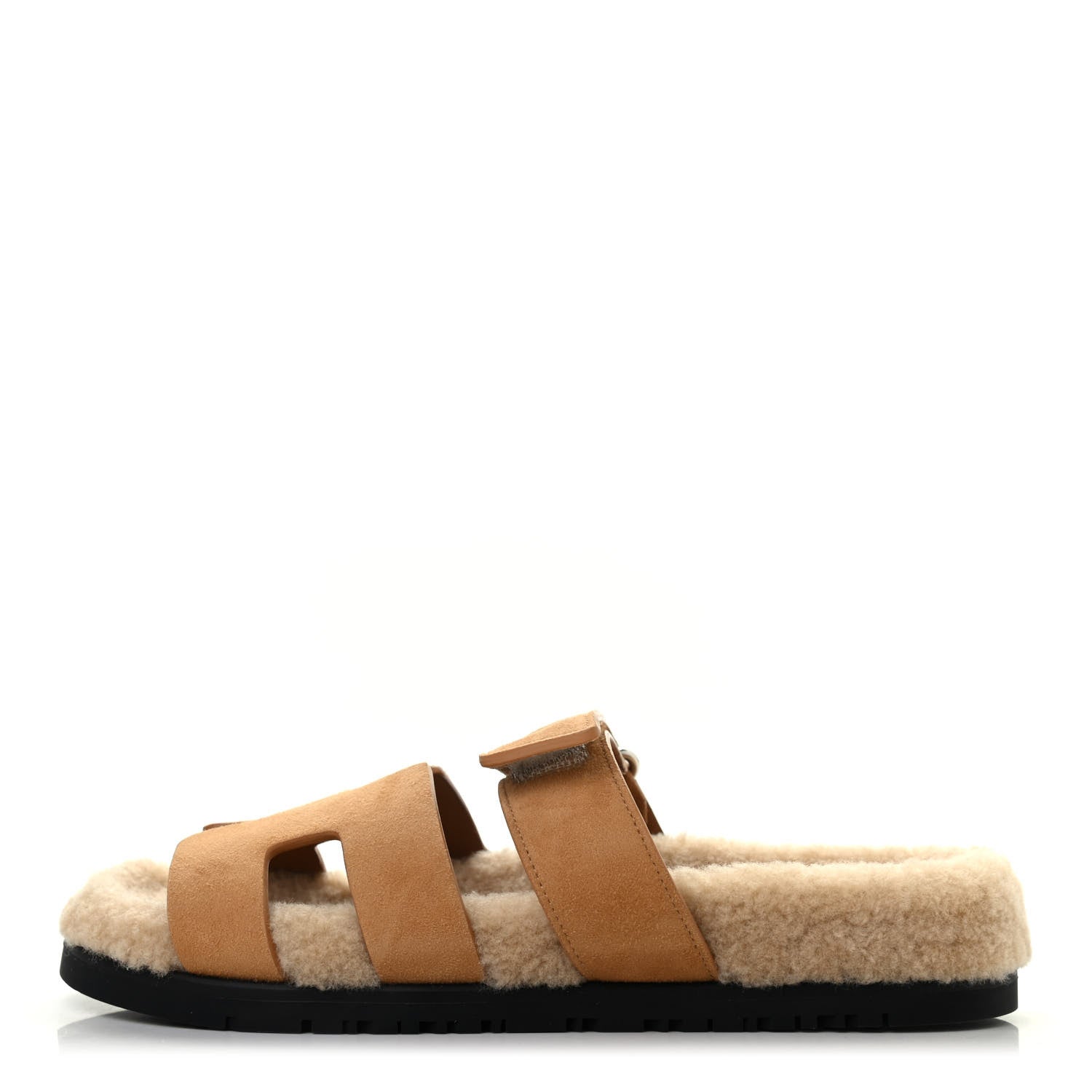 Hermes Suede Goatskin Woolskin Womens Chypre Sandals 37 Golden Beige 1 of 10