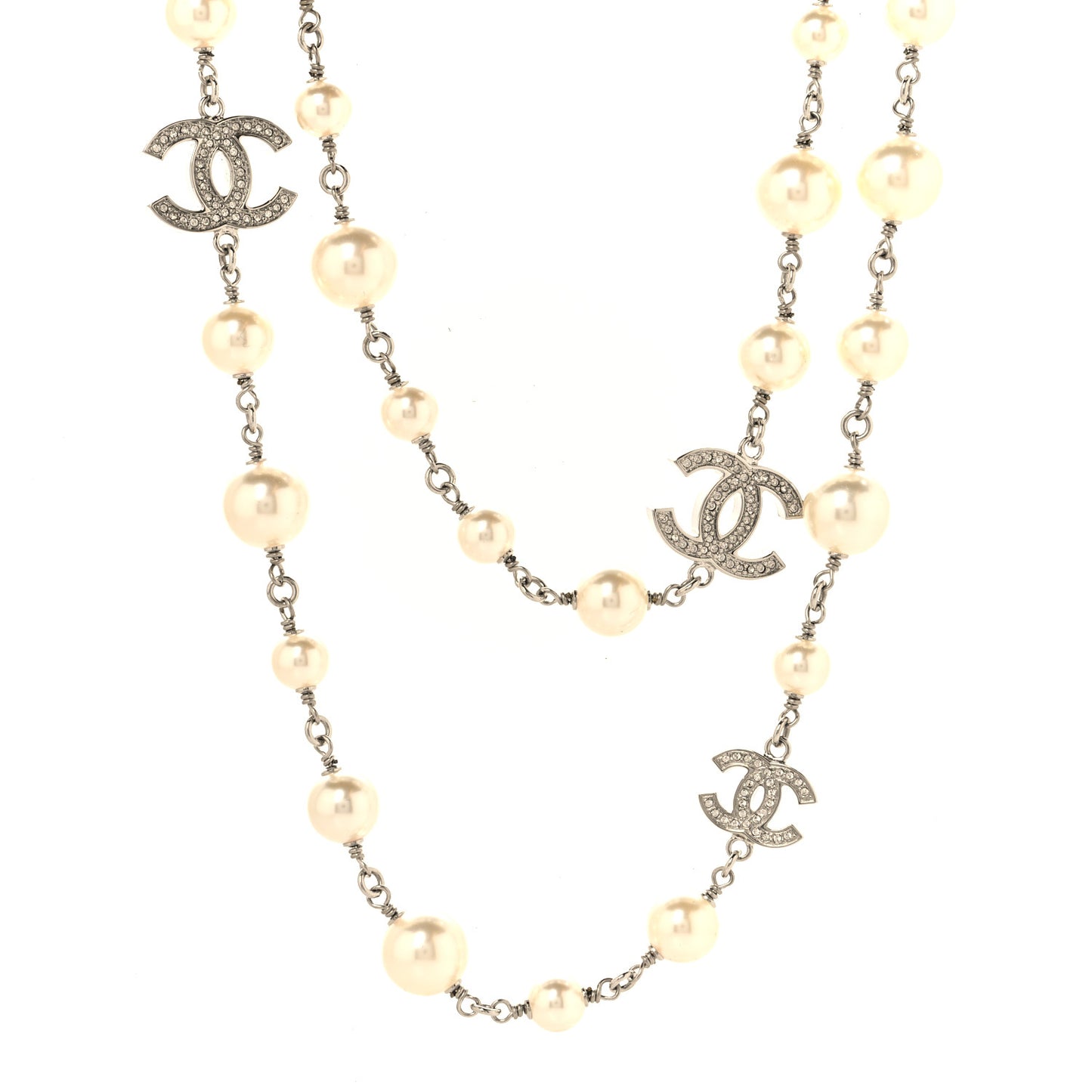Graduated Pearl Crystal CC Long Necklace Silver