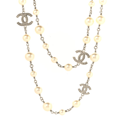 Chanel Graduated Pearl Crystal CC Long Necklace Silver 1 of 5