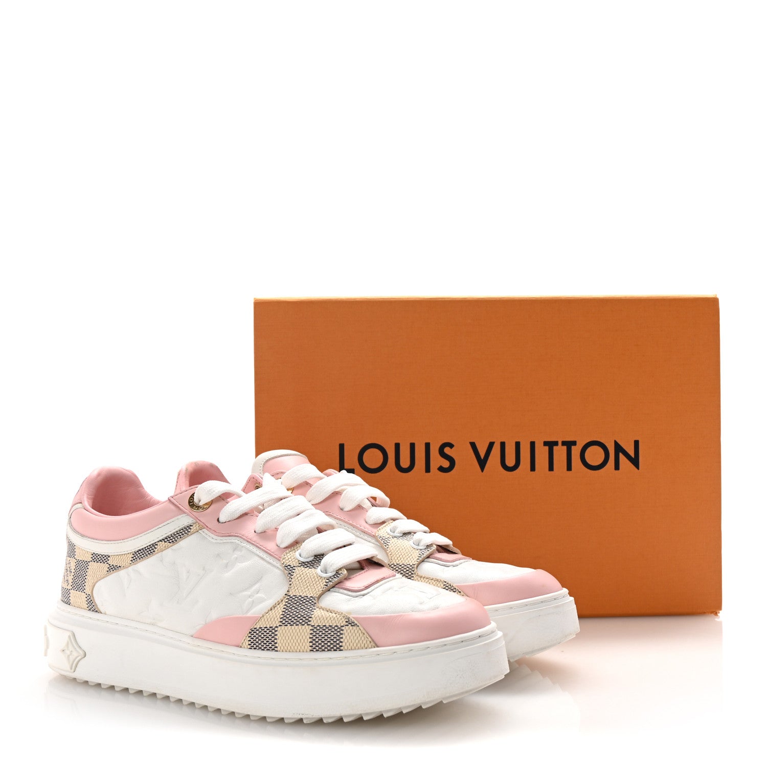 Louis Vuitton Monogram Embossed Calfskin Damier Azur Time Out Sneakers 38.5 Rose Clair Pink 10 of 10