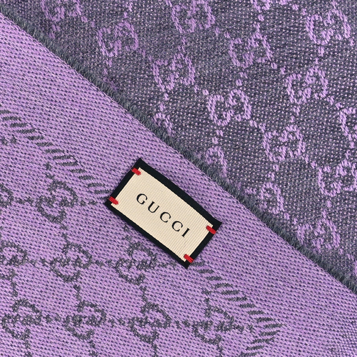 Gucci Wool GG Monogram Reversible New Sten Fringe Scarf Flannel Light Purple 6 of 8