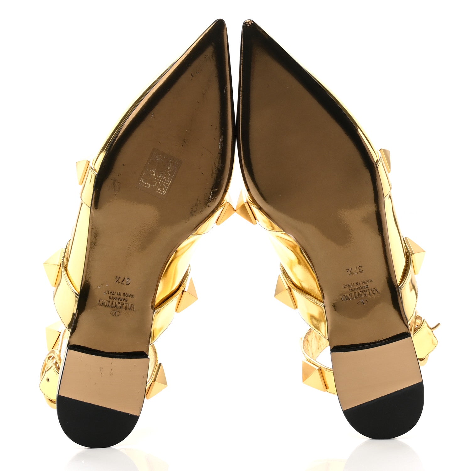 Valentino Garavani Metallic Patent Roman Stud Ankle Strap Flat Mules 37.5 Antique Brass 5 of 9