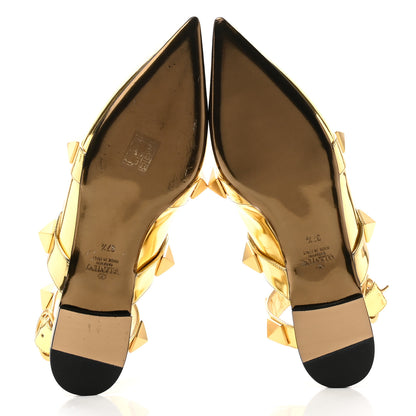 Valentino Garavani Metallic Patent Roman Stud Ankle Strap Flat Mules 37.5 Antique Brass 5 of 9