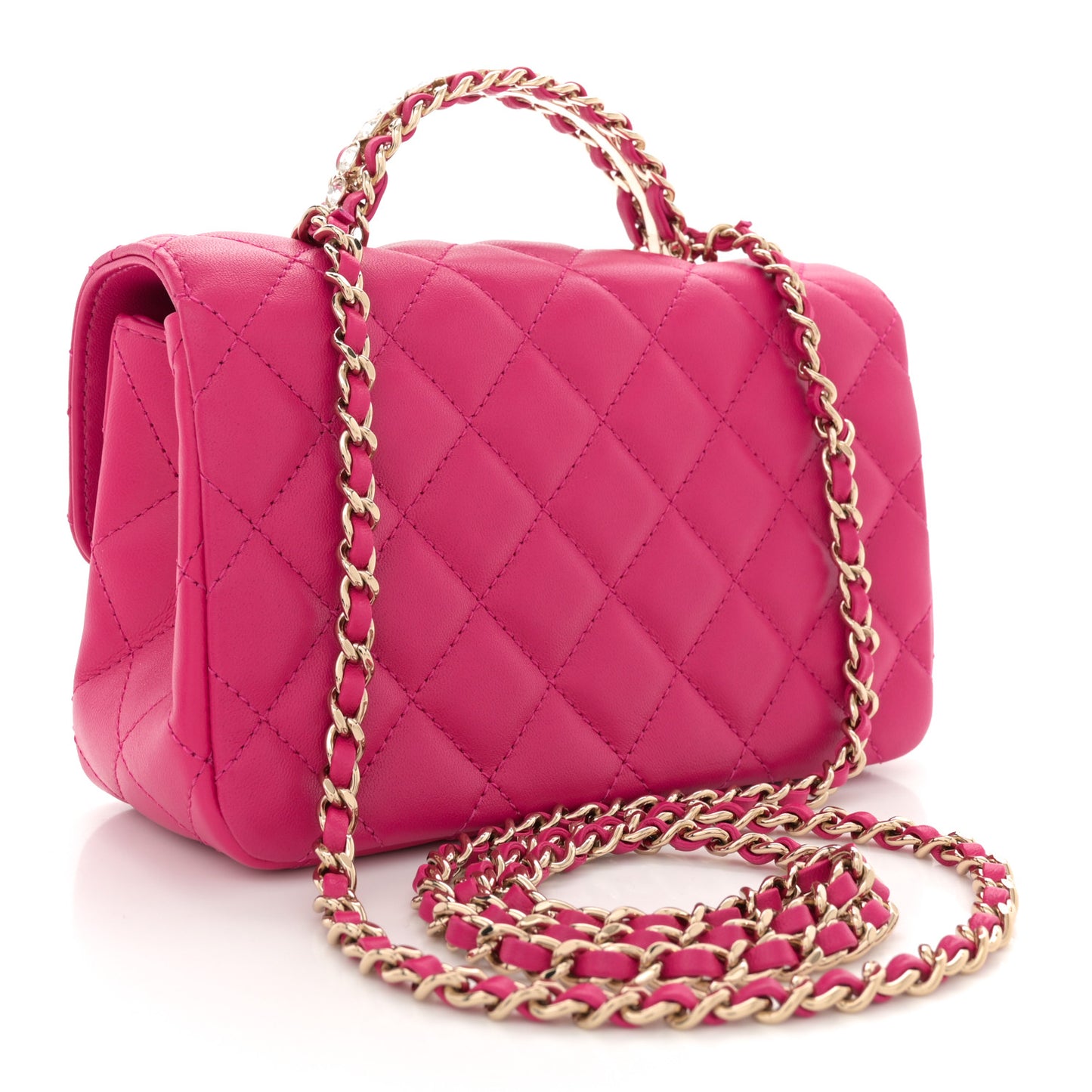 Lambskin Quilted Mini Crystal Top Handle Rectangular Flap Dark Pink