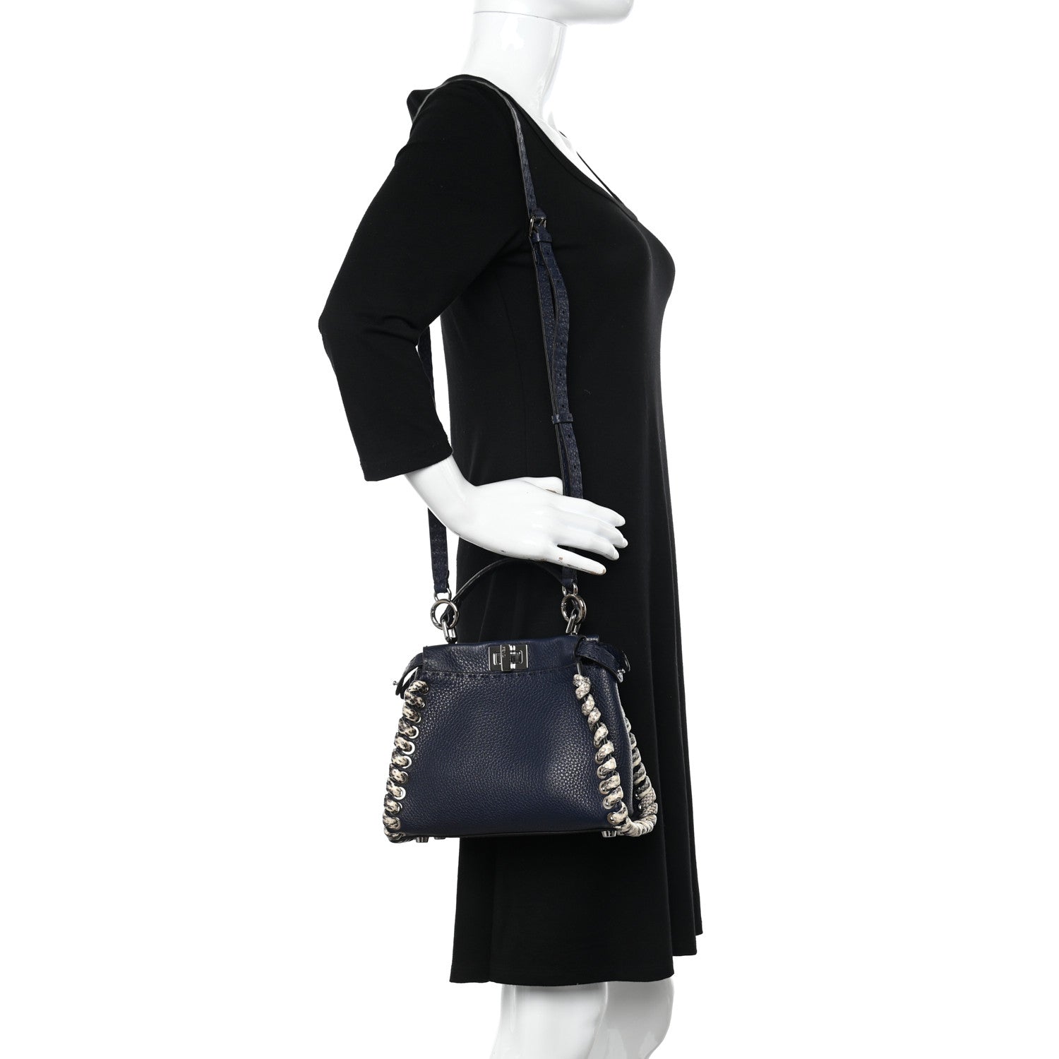 Fendi Cuoio Romano Selleria Elaphe Lace Up Mini Peekaboo Iconic Satchel Blue Notte Natural 3 of 11
