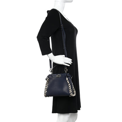 Fendi Cuoio Romano Selleria Elaphe Lace Up Mini Peekaboo Iconic Satchel Blue Notte Natural 3 of 11