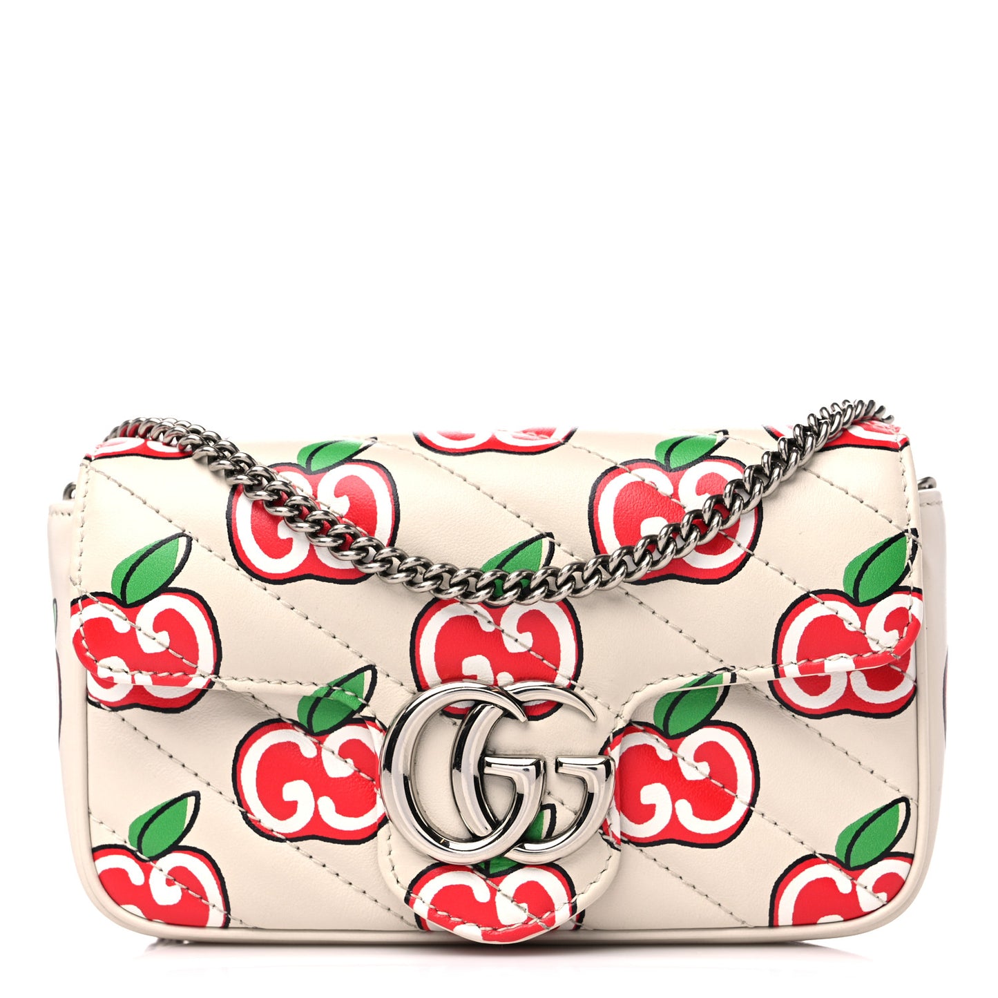 Calfskin Matelasse Diagonal GG Apple Super Mini GG Marmont Shoulder Bag Ivory