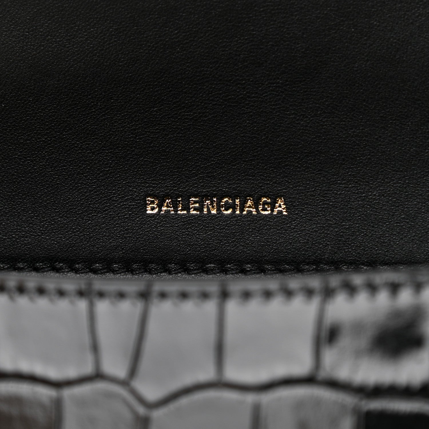 Balenciaga Shiny Calfskin Crocodile Embossed Small Hourglass Top Handle Bag Black 6 of 9