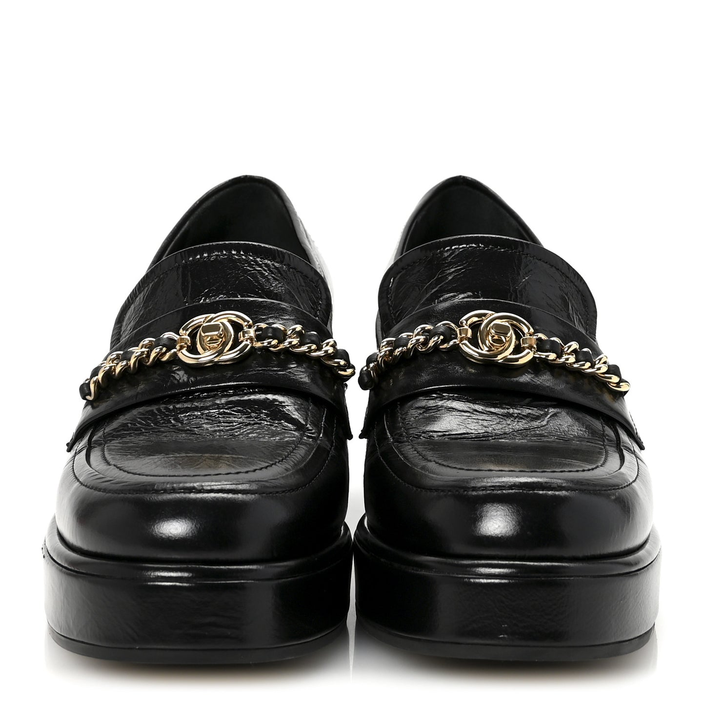 Shiny Calfskin Logo Platform Loafers 37.5 Black