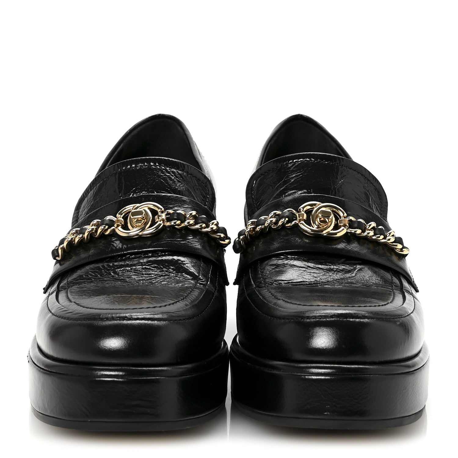 Chanel Shiny Calfskin Logo Platform Loafers 37.5 Black 3 of 9