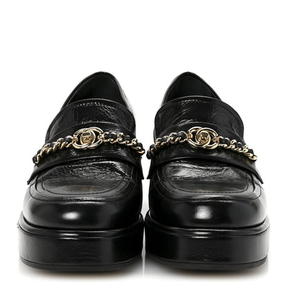 Chanel Shiny Calfskin Logo Platform Loafers 37.5 Black 3 of 9