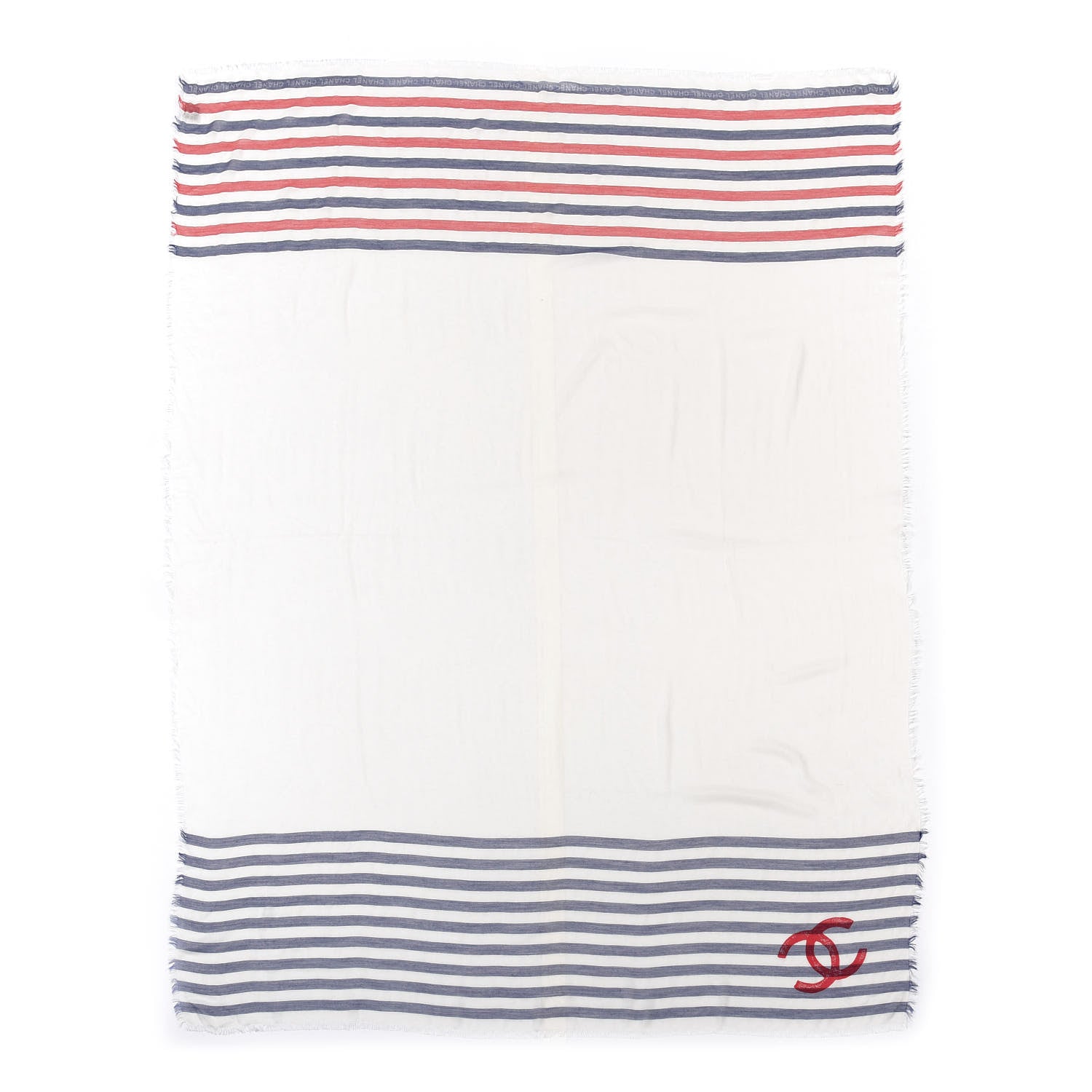 Chanel Cashmere Silk Cotton CC Stripe Fringe Scarf White Blue Red 1 of 3