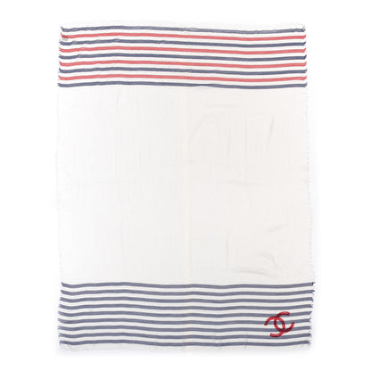 Chanel Cashmere Silk Cotton CC Stripe Fringe Scarf White Blue Red 1 of 3