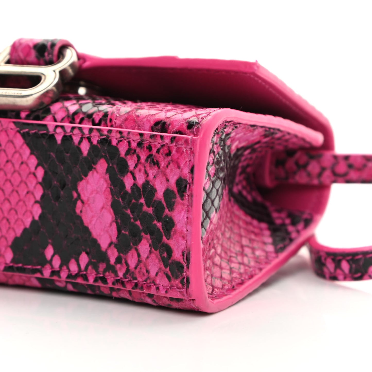 Shiny Calfskin Python Effect Hourglass Top Handle Bag Mini Fuchsia Black