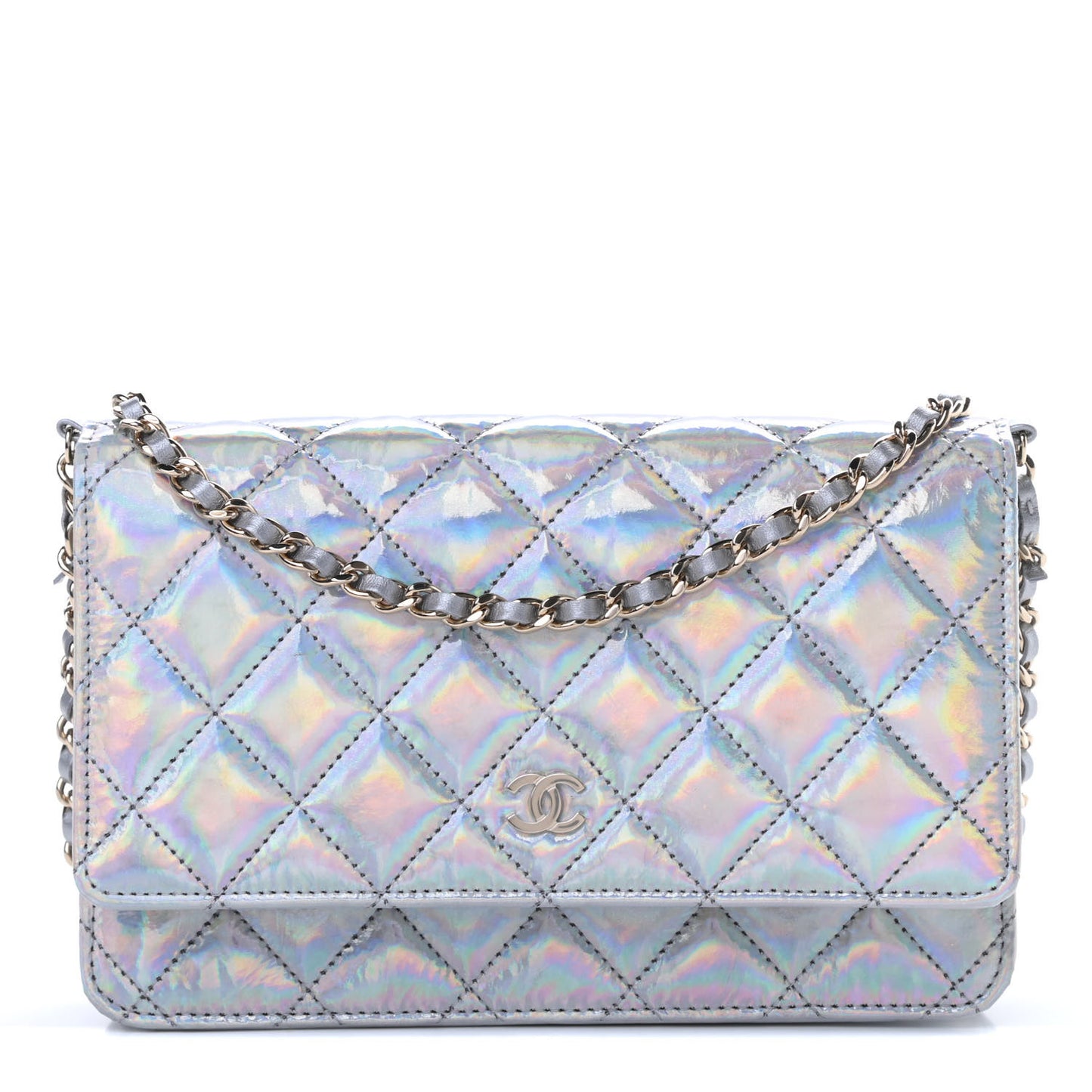 Iridescent Goatskin Quilted Wallet On Chain WOC Silver