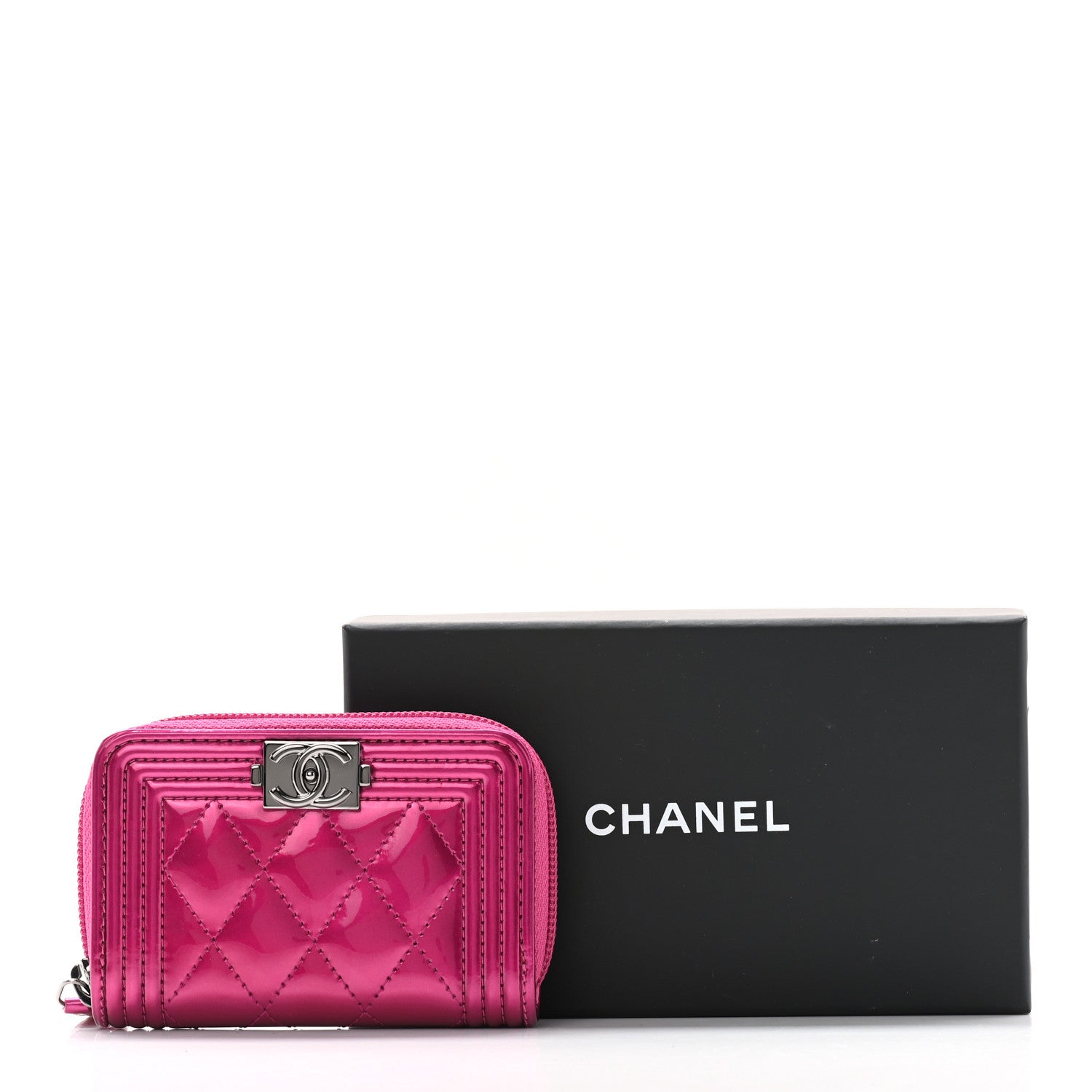 Chanel Metallic Patent Quilted Zip Around Boy Coin Purse Wallet Fuchsia 8 of 8