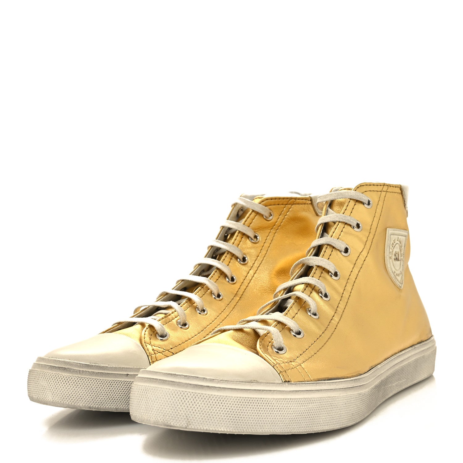 Saint Laurent Distressed Calfskin Bedford Logo-Appliqued Hightop Sneakers 44 Gold Cream White 3 of 10