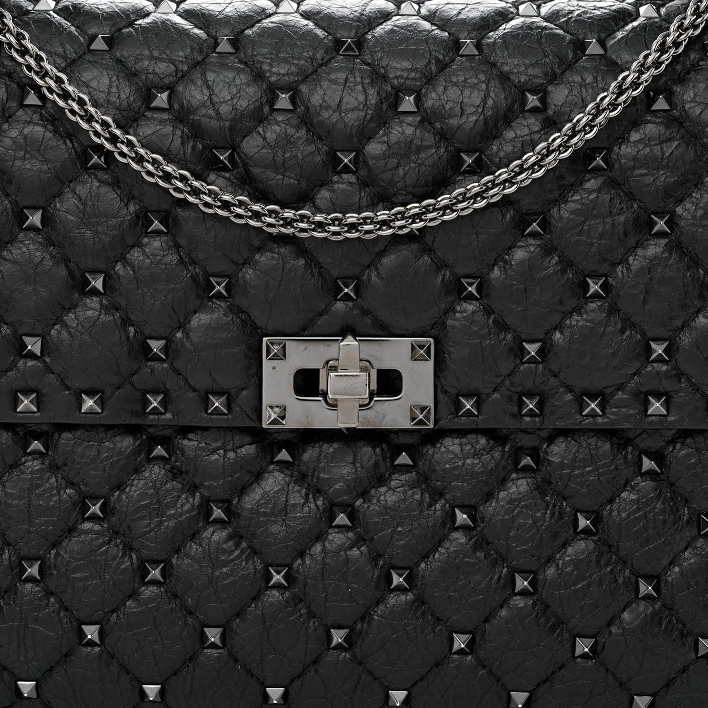 Craquele Nappa Large Rockstud Spike Shoulder Bag Black
