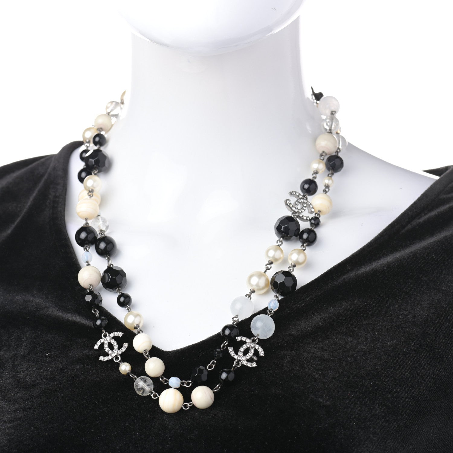 Chanel Pearl Crystal Bead CC Long Necklace Black Silver 2 of 4