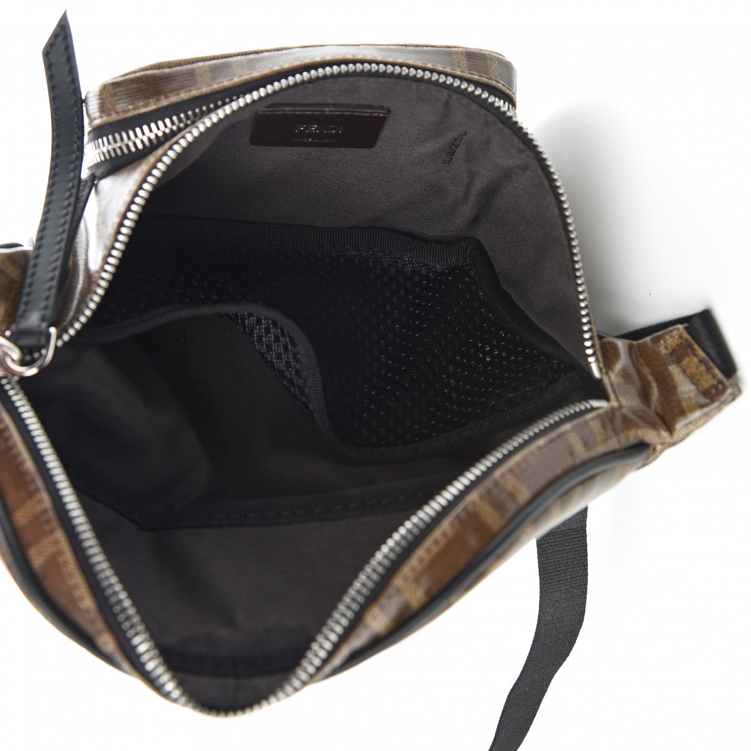 Fendi Glazed Fabric Vitello Century FF 1974 Stamp Patch Pocket Belt Bag Mogano Panna Black 5 of 10