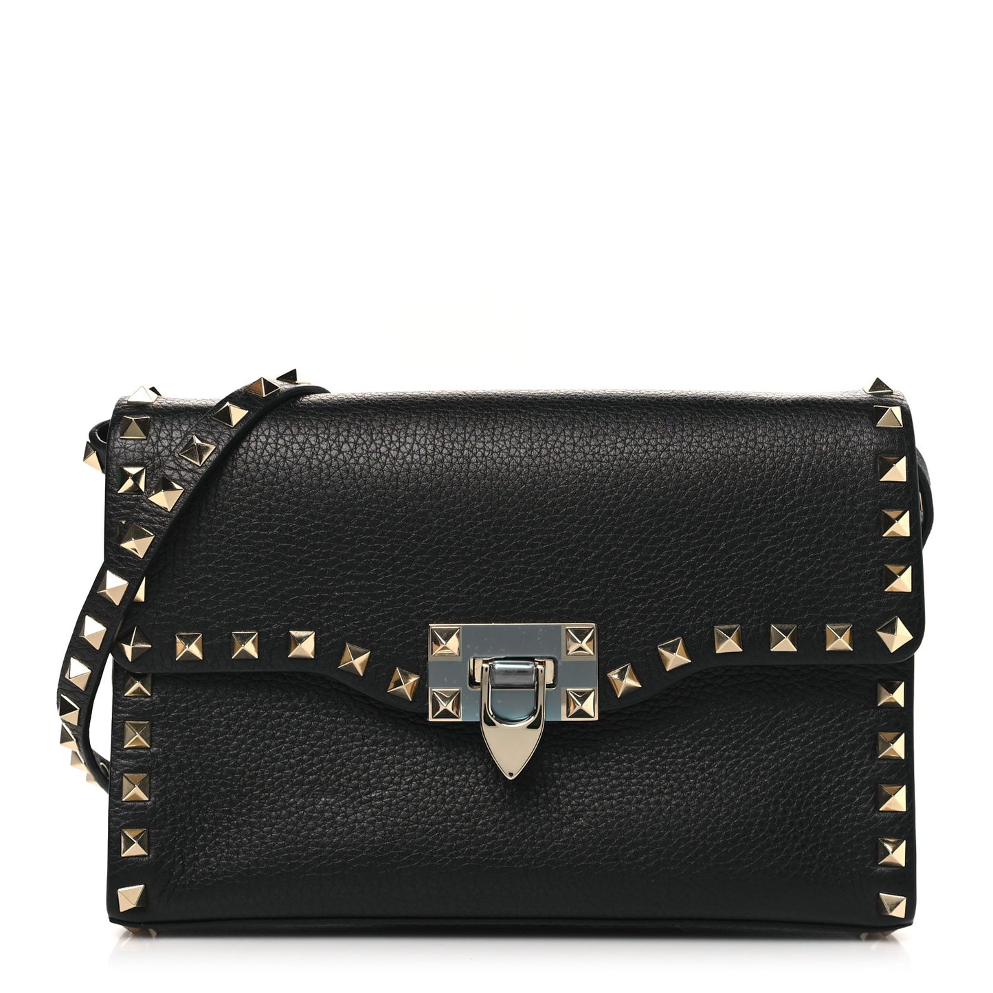 Pebbled Calfskin Medium Rockstud Flip Lock Crossbody Bag Black