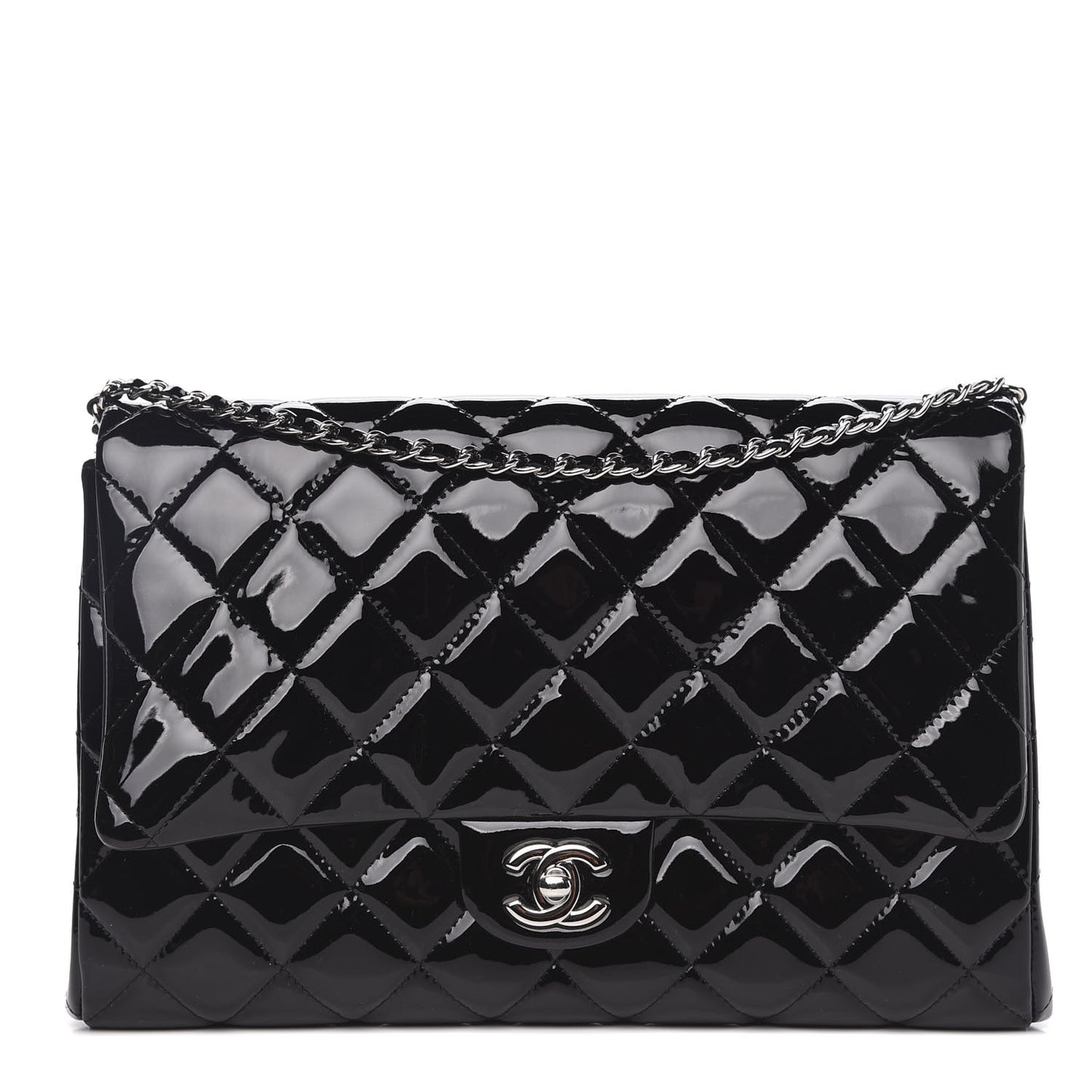 Striated Patent Quilted Clutch With Chain Flap Black
