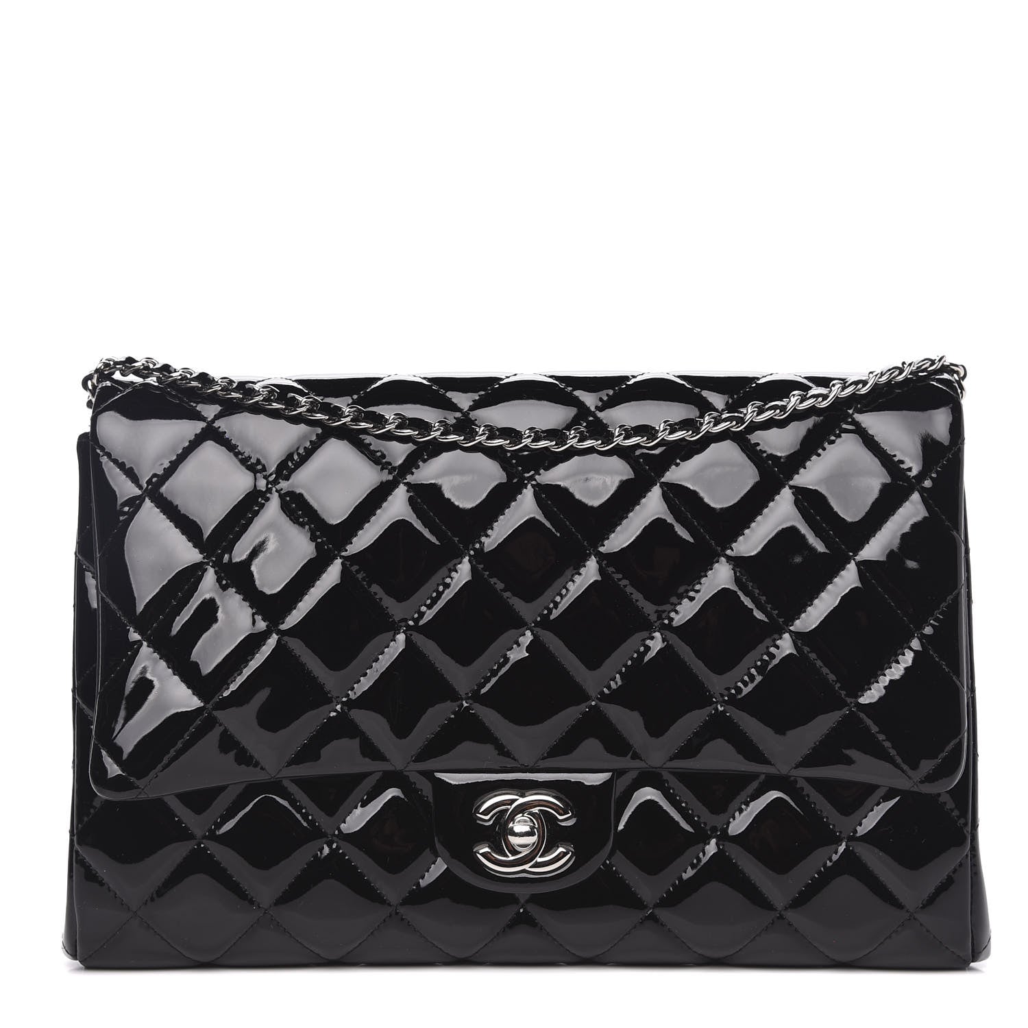 Chanel Striated Patent Quilted Clutch With Chain Flap Black 2 of 11