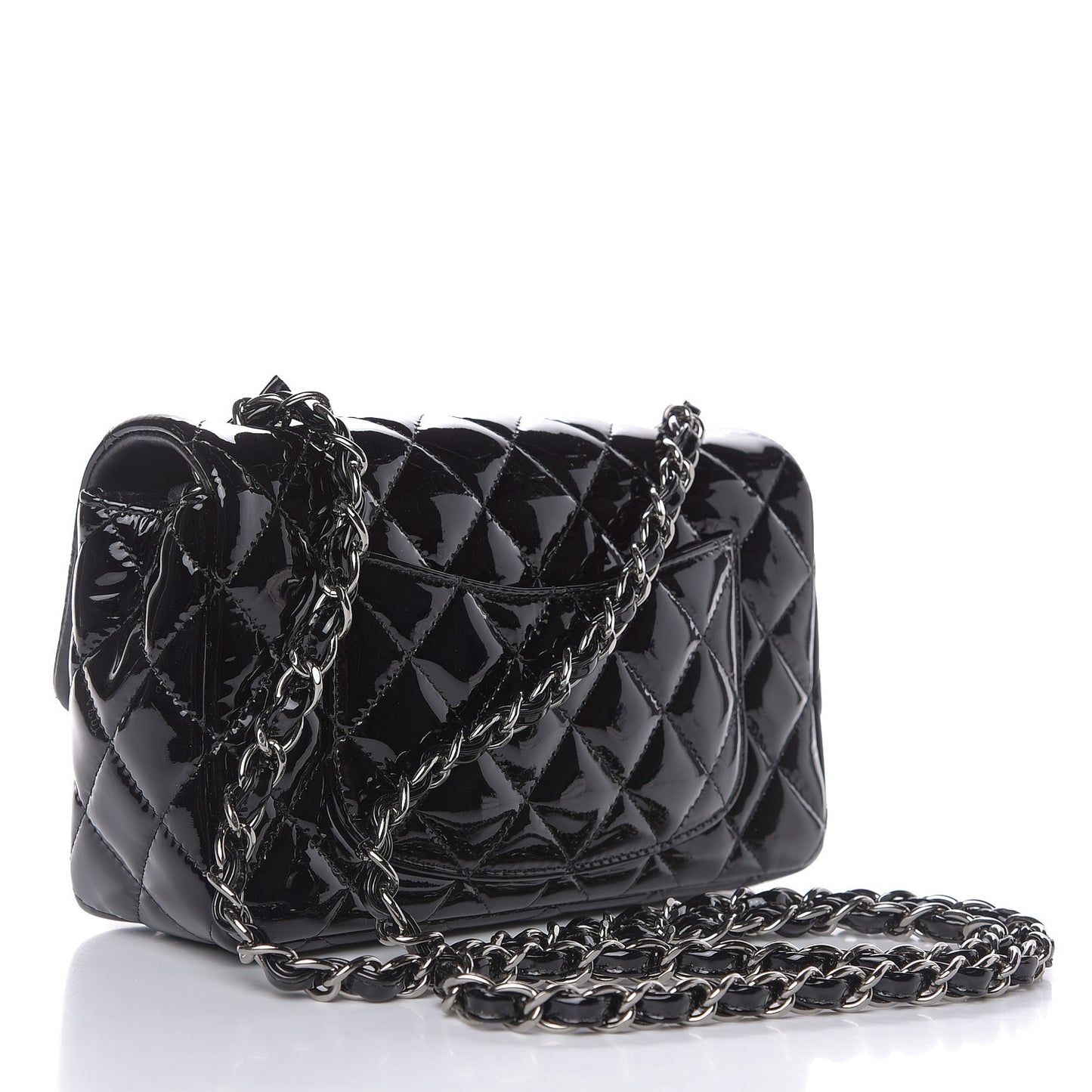 Patent Calfskin Quilted Mini Rectangular Flap Black