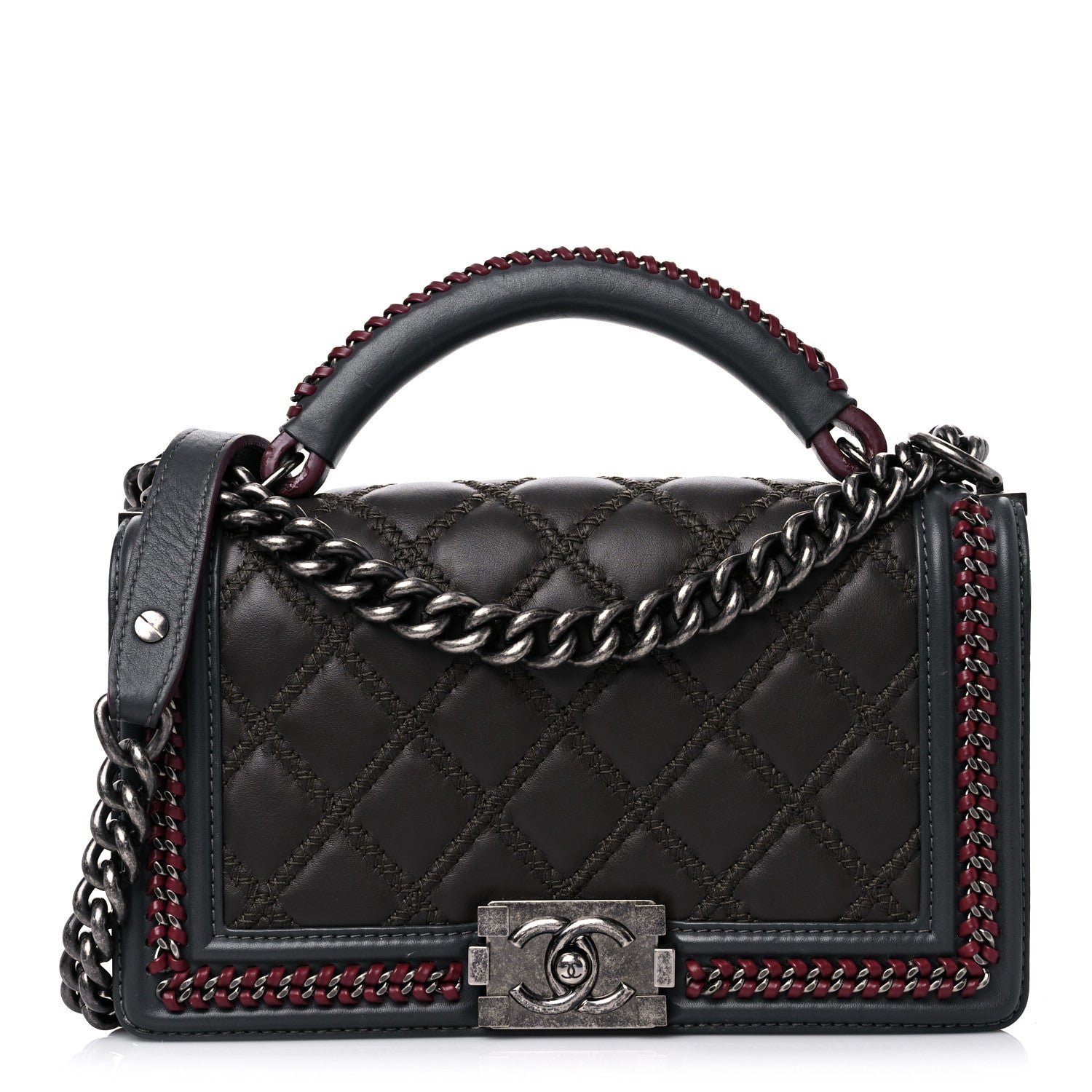Chanel Calfskin Quilted Medium Boy Top Handle Flap Burgundy Black Blue 1 of 13