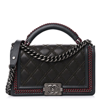 Chanel Calfskin Quilted Medium Boy Top Handle Flap Burgundy Black Blue 1 of 13