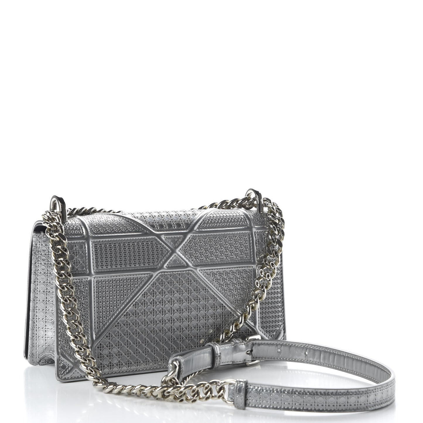 Metallic Patent Micro-Cannage Small Diorama Flap Bag Silver