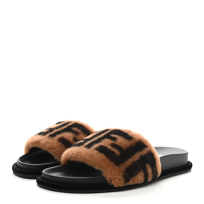Fendi Shearling Macro FF Pool Slide Sandals 36.5 Scanbrown Black 3 of 8