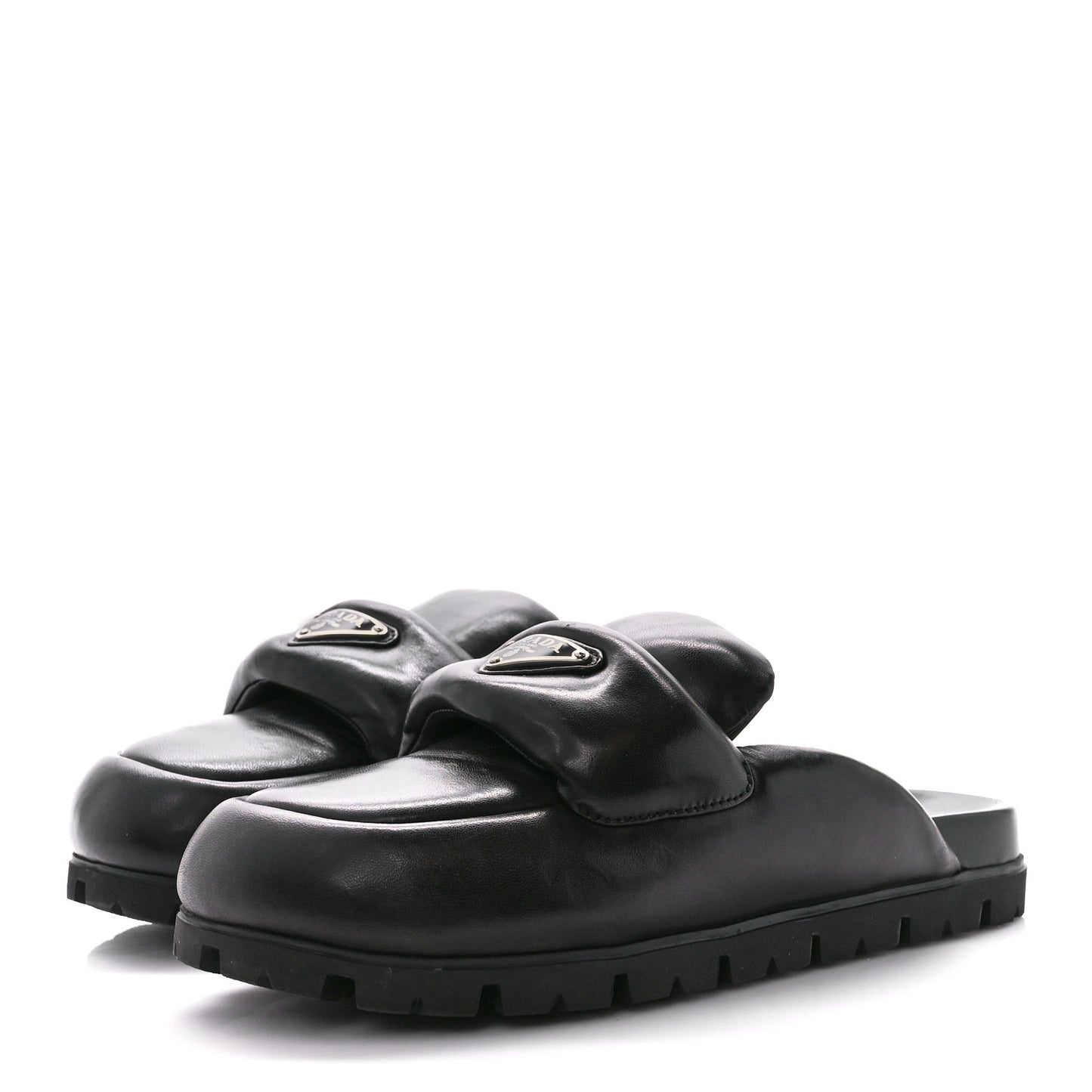 Nappa Soft Padded Metal Triangle Logo Lug Sole 20mm Mules 38 Black