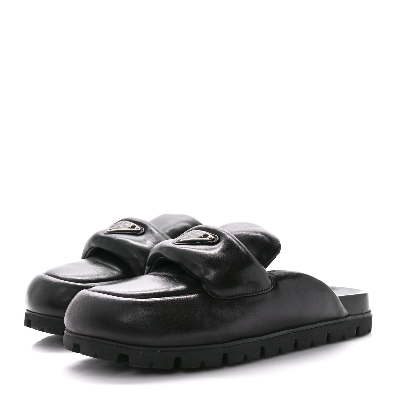 Prada Nappa Soft Padded Metal Triangle Logo Lug Sole 20mm Mules 38 Black 3 of 9