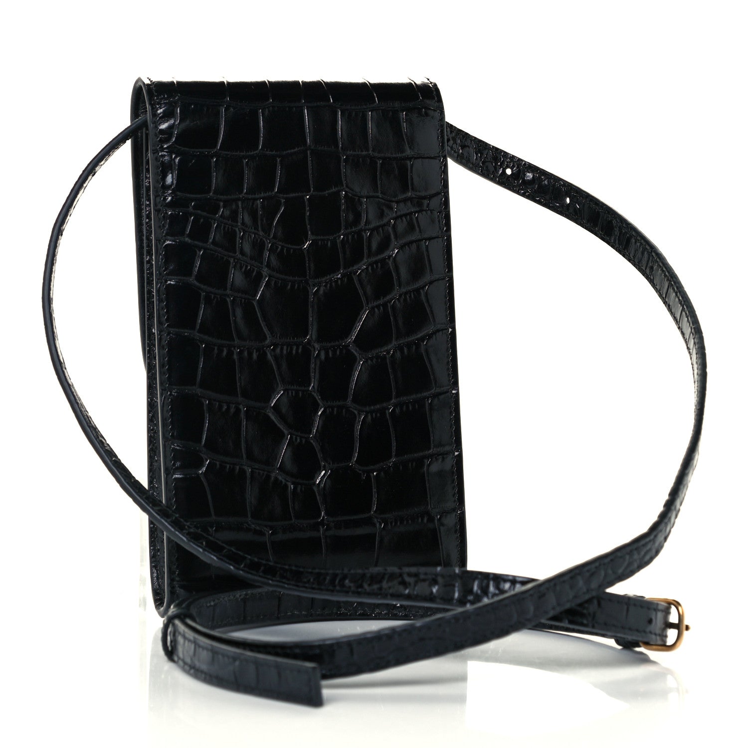 Balenciaga Shiny Calfskin Crocodile Embossed B Phone Holder Black 2 of 10