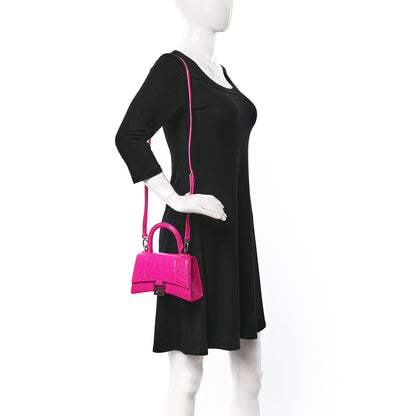 Balenciaga Shiny Calfskin Crocodile Embossed Hourglass Top Handle Bag XS Lipstick Pink 2 of 11