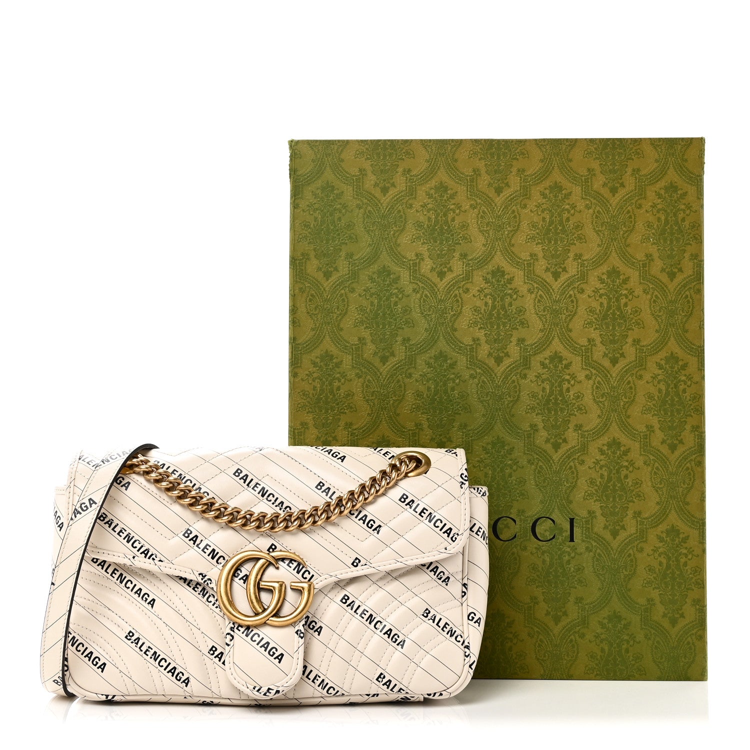 Gucci X BALENCIAGA Calfskin Matelasse Logo Print Small GG Marmont Shoulder Bag White 14 of 14