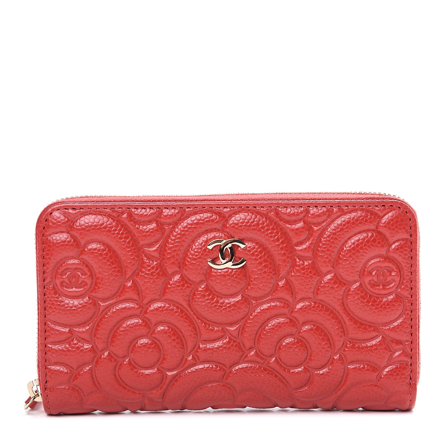 Caviar Camellia Embossed Medium Zip Around Wallet Red