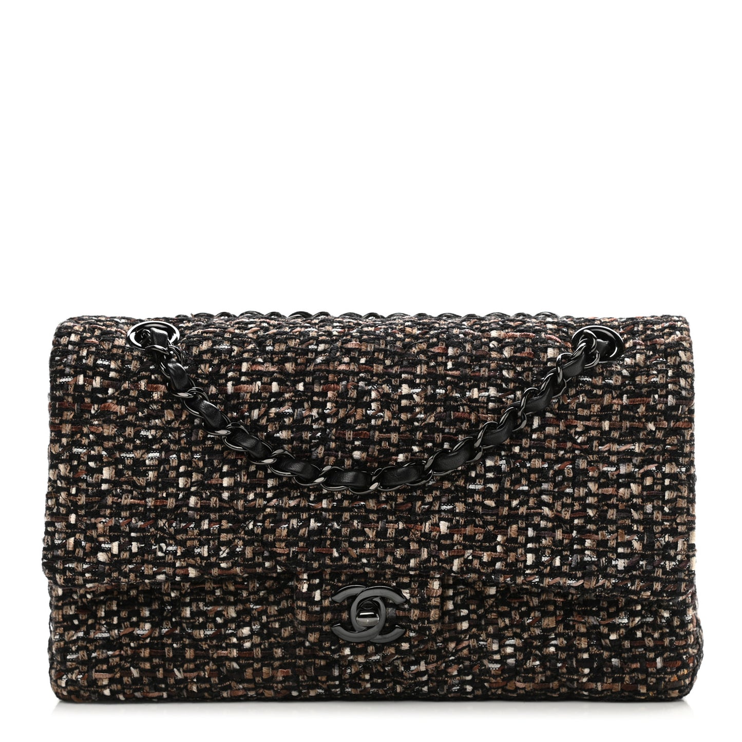 Tweed Quilted Medium Double Flap Brown