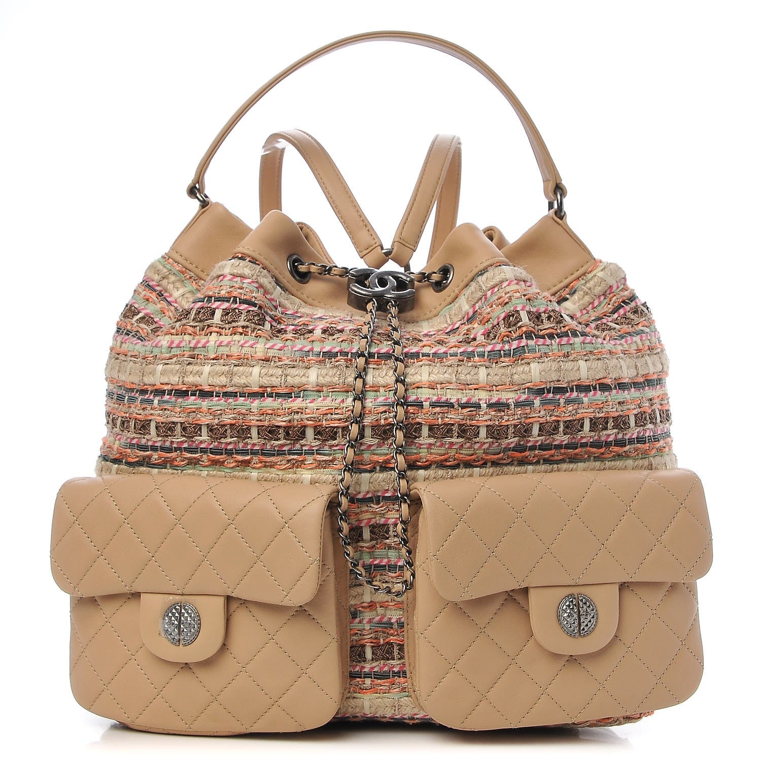 Chanel Woven Canvas Lambskin Quilted Tweed Backpack Pocket Beige 1 of 7