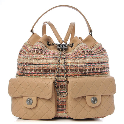 Chanel Woven Canvas Lambskin Quilted Tweed Backpack Pocket Beige 1 of 7
