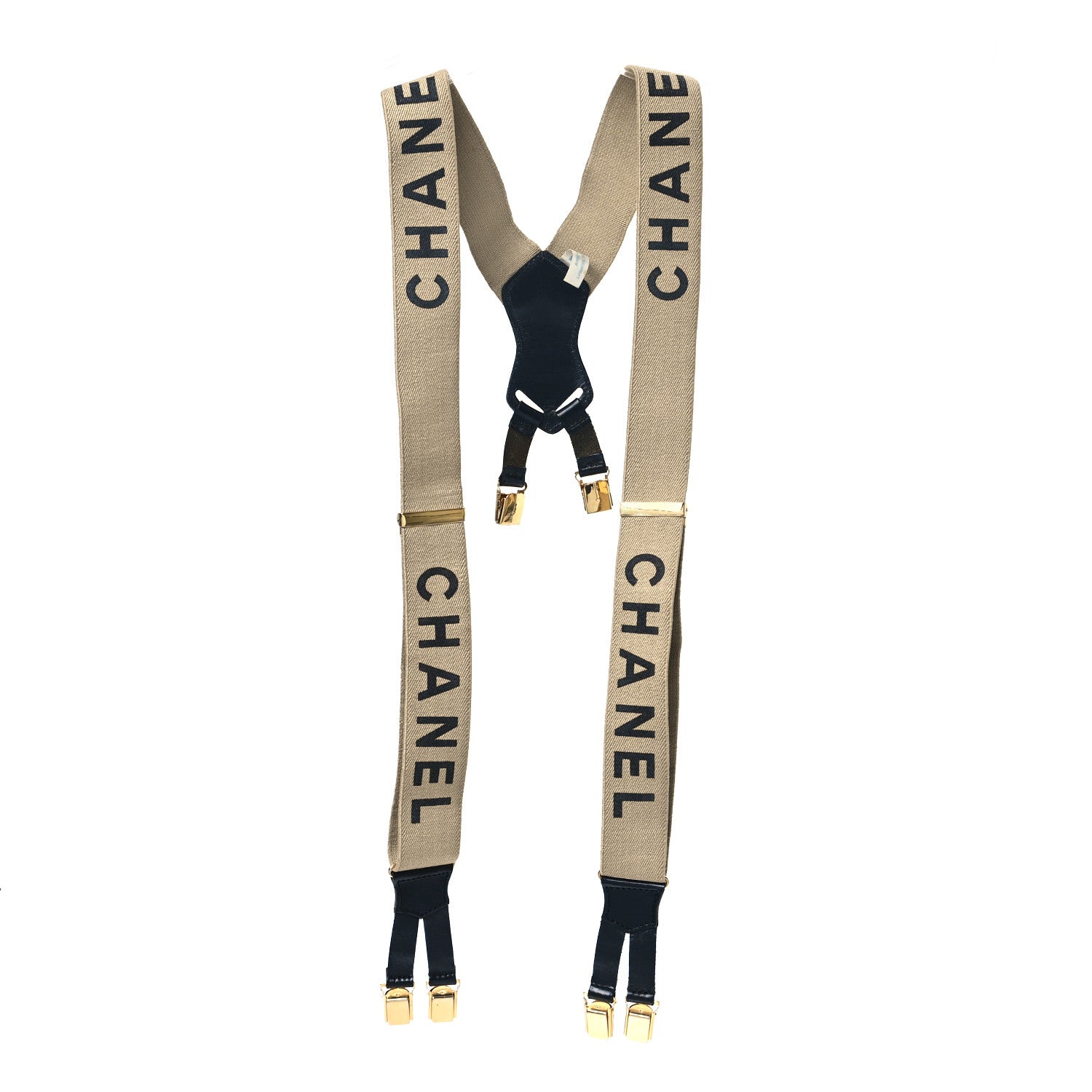 Chanel Elastic Logo Suspenders Beige Black 1 of 5