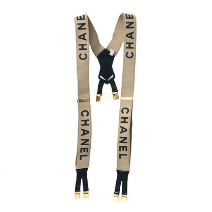 Chanel Elastic Logo Suspenders Beige Black 1 of 5