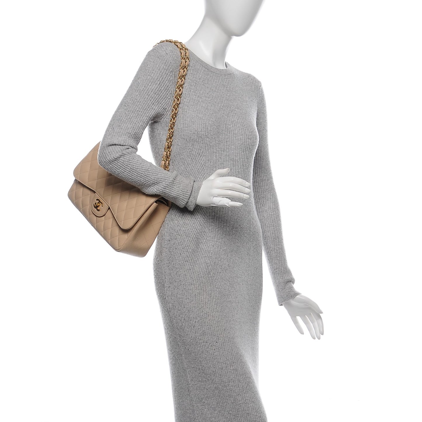 Caviar Quilted Jumbo Double Flap Beige Clair