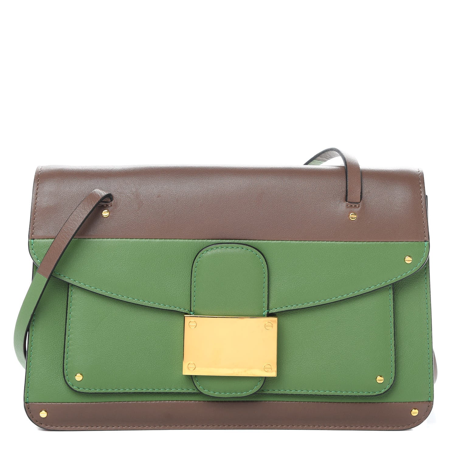 Valentino Garavani Calfskin Rivet Colorblock Double Handle Shoulder Bag Brown Green 1 of 19