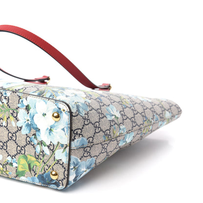 Gucci GG Supreme Monogram Blooms Medium Zippered Bucket Tote Beige Blue Navy Hibiscus Red 7 of 10