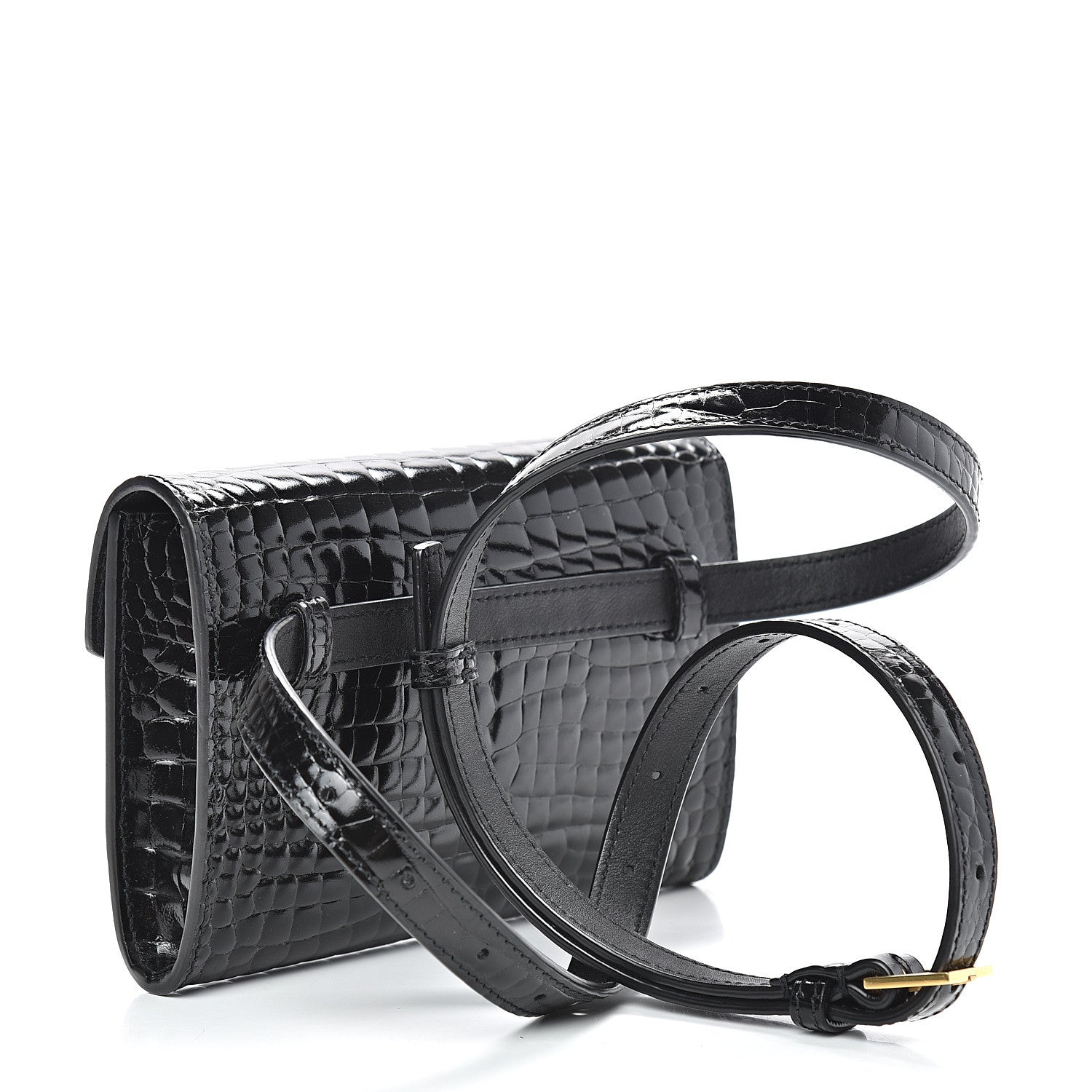 Saint Laurent Calfskin Crocodile Embossed Envelope Belt Bag Black 2 of 9
