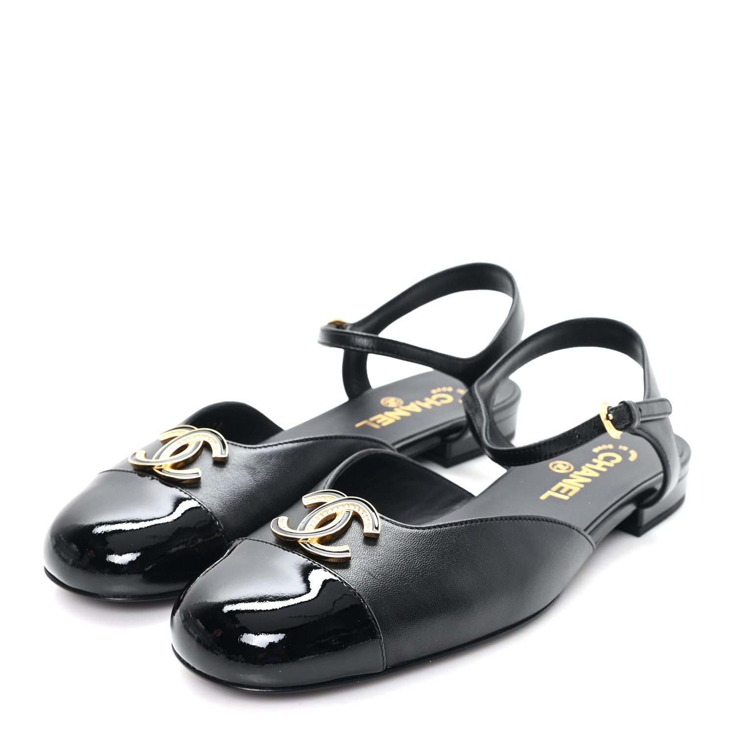 Chanel Lambskin Patent Cap Toe Crystal Enamel CC Mary Jane Slingback Flats 39.5 Black 4 of 10