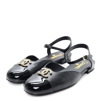 Chanel Lambskin Patent Cap Toe Crystal Enamel CC Mary Jane Slingback Flats 39.5 Black 4 of 10