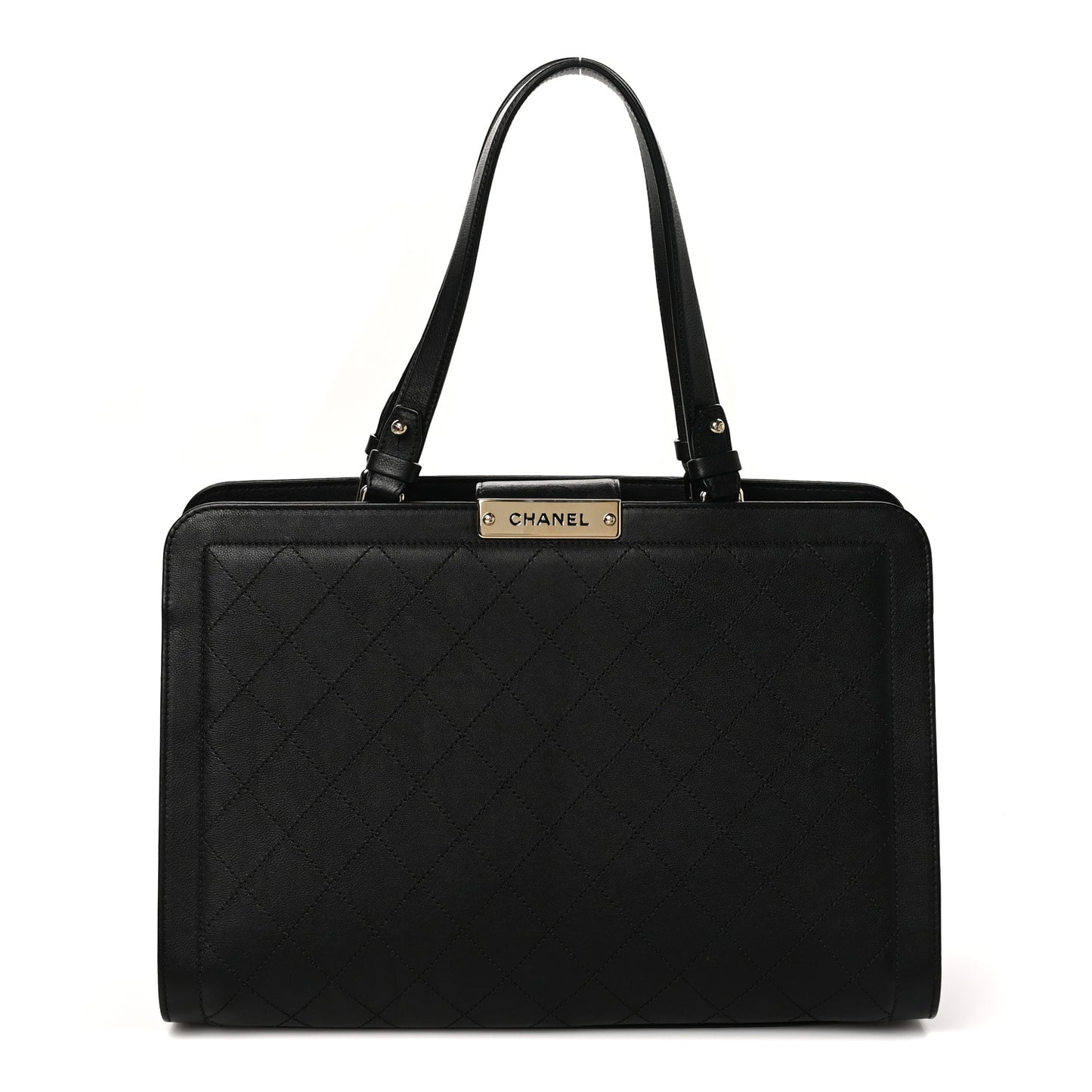 Grained Calfskin Stitched Large Label Click Shopper Tote Black